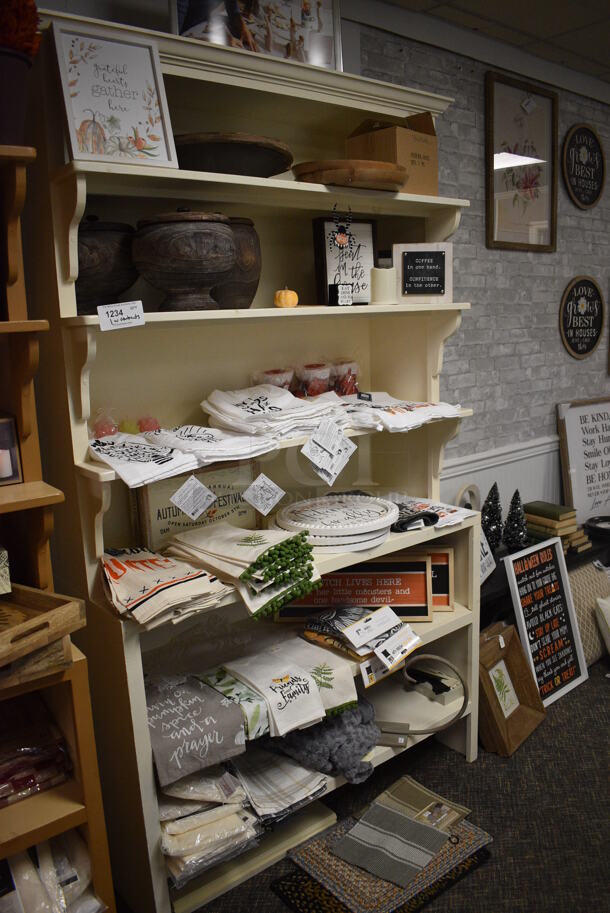 White Wooden Shelving Unit w/ Contents Including Signs, Towels and Mats! BUYER MUST REMOVE. 48x20x85. (garden center) - Image 2 of 8
