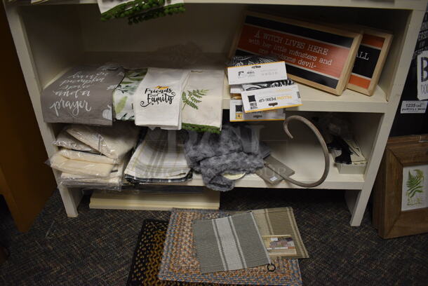 White Wooden Shelving Unit w/ Contents Including Signs, Towels and Mats! BUYER MUST REMOVE. 48x20x85. (garden center) - Image 3 of 8