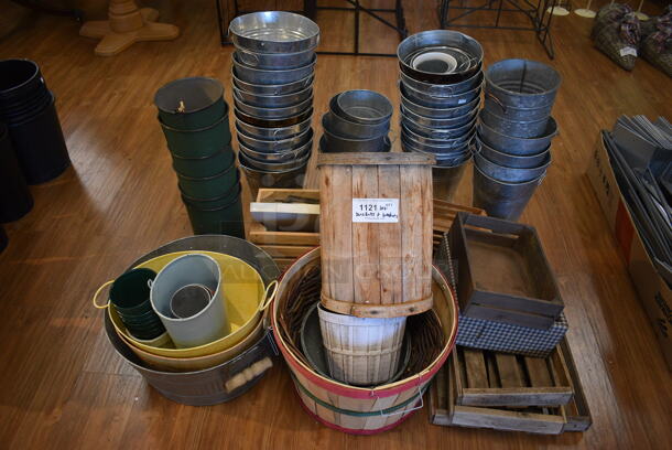 ALL ONE MONEY! Lot of Various Metal and Wooden Buckets! Includes 18x18x12. (garden center)