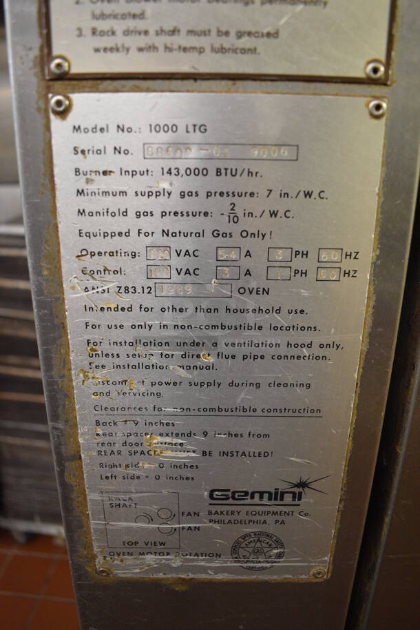 Gemini Model 1000 LTG Stainless Steel Commercial Floor Style Natural Gas Powered Single Door Roll In Rack Steam Oven w/ Metal Pan Transport Rack. 143,000 BTU. 47.5x50x93. Unit Was In Working Condition When Restaurant Closed. (bakery kitchen) - Image 4 of 8