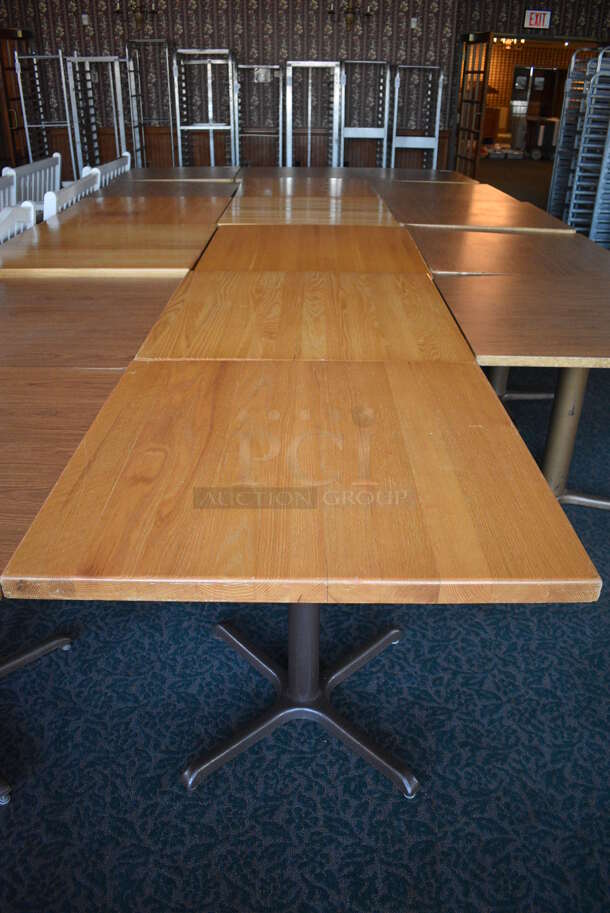 6 Wood Pattern Tables on Metal Table Bases. 36x36x30. 6 Times Your Bid! (sunroom dining room)