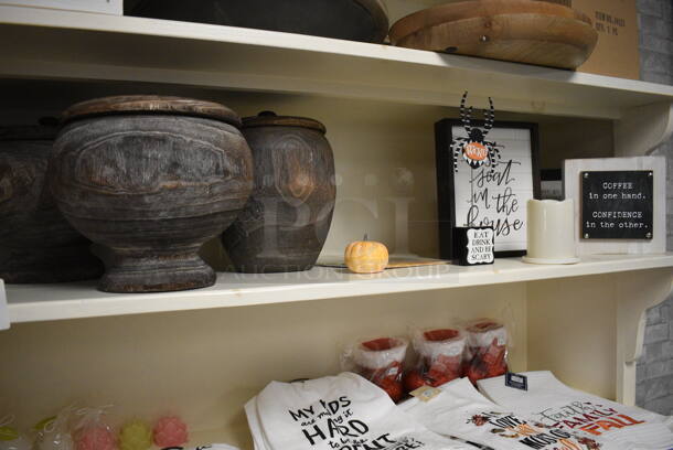 White Wooden Shelving Unit w/ Contents Including Signs, Towels and Mats! BUYER MUST REMOVE. 48x20x85. (garden center) - Image 7 of 8