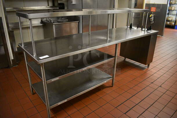 Stainless Steel Commercial Table w/ Over Shelf, 2 Under Shelves and 2 Well Plate Return Chutes. 108x32x56. (kitchen)
