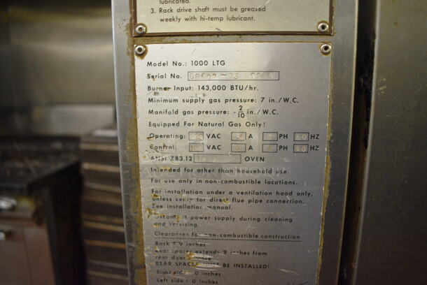 Gemini Model 1000 LTG Stainless Steel Commercial Floor Style Natural Gas Powered Single Door Roll In Rack Steam Oven w/ Metal Pan Transport Rack. 143,000 BTU. 47.5x50x93. Unit Was In Working Condition When Restaurant Closed. (bakery kitchen) - Image 7 of 8