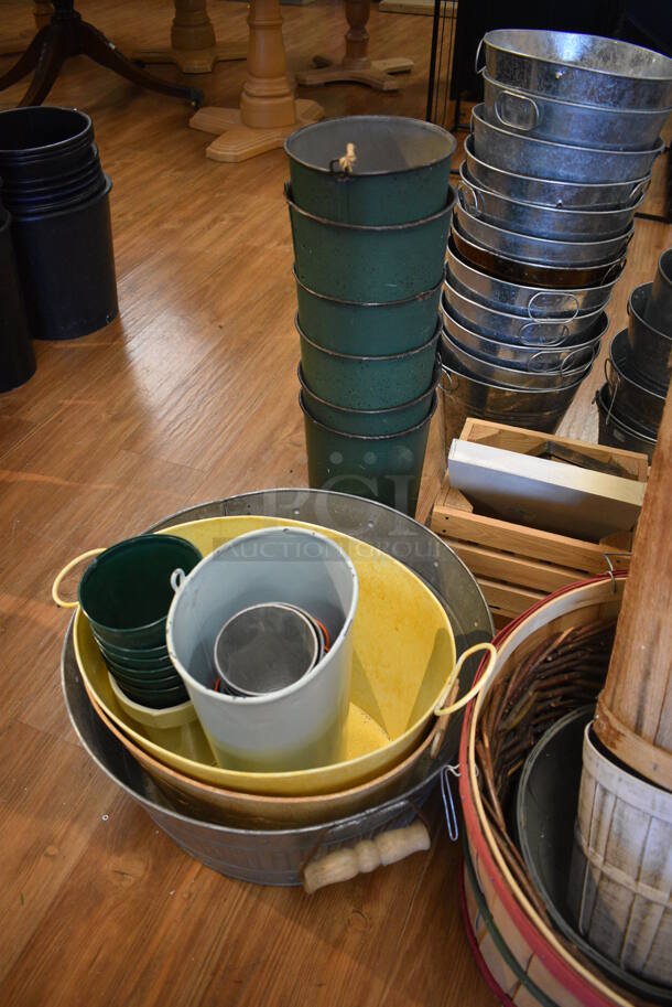 ALL ONE MONEY! Lot of Various Metal and Wooden Buckets! Includes 18x18x12. (garden center) - Image 5 of 6
