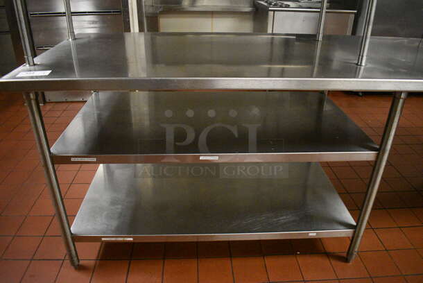 Stainless Steel Commercial Table w/ Over Shelf, 2 Under Shelves and 2 Well Plate Return Chutes. 108x32x56. (kitchen) - Image 2 of 7