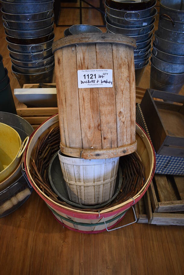ALL ONE MONEY! Lot of Various Metal and Wooden Buckets! Includes 18x18x12. (garden center) - Image 6 of 6