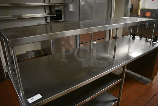Stainless Steel Commercial Table w/ Over Shelf, 2 Under Shelves and 2 Well Plate Return Chutes. 108x32x56. (kitchen) - Image 3 of 7