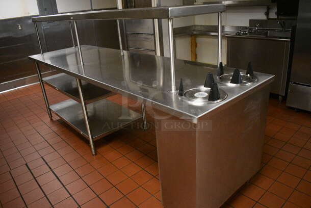 Stainless Steel Commercial Table w/ Over Shelf, 2 Under Shelves and 2 Well Plate Return Chutes. 108x32x56. (kitchen) - Image 5 of 7