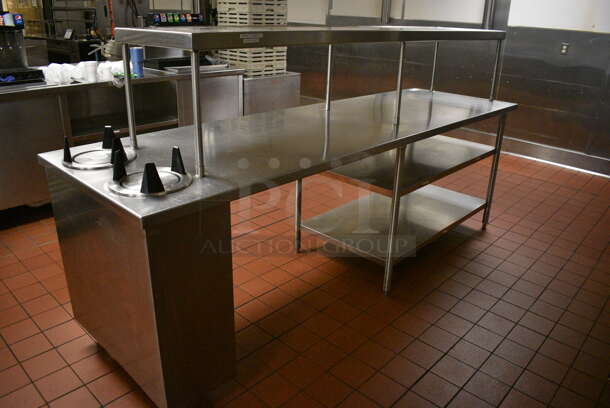 Stainless Steel Commercial Table w/ Over Shelf, 2 Under Shelves and 2 Well Plate Return Chutes. 108x32x56. (kitchen) - Image 6 of 7
