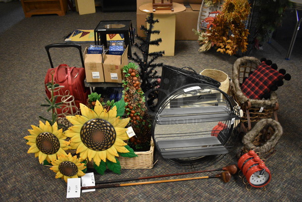 ALL ONE MONEY! Lot of Various Items Including Golf Clubs, Luggage and Fake Trees. (garden center)