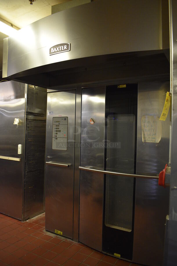 Baxter Stainless Steel Commercial Natural Gas Powered Floor Style Single Door Roll In Rotating Double Rack Oven w/ Attached Hood and 2 Metal Pan Racks. BUYER MUST REMOVE. 208-240 Volt, 3 Phase Controls. 73x97x99.5. Unit Was In Working Condition When Restaurant Closed. (bakery kitchen) - Image 3 of 8