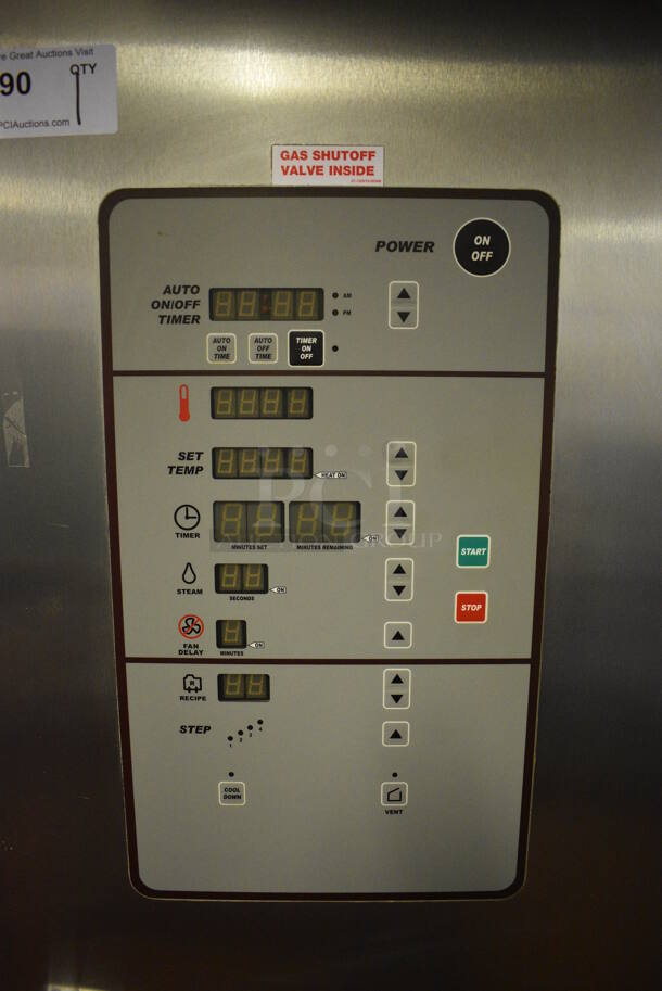 Baxter Stainless Steel Commercial Natural Gas Powered Floor Style Single Door Roll In Rotating Double Rack Oven w/ Attached Hood and 2 Metal Pan Racks. BUYER MUST REMOVE. 208-240 Volt, 3 Phase Controls. 73x97x99.5. Unit Was In Working Condition When Restaurant Closed. (bakery kitchen) - Image 4 of 8
