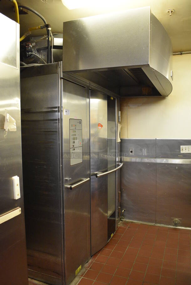 Baxter Stainless Steel Commercial Natural Gas Powered Floor Style Single Door Roll In Rotating Double Rack Oven w/ Attached Hood and 2 Metal Pan Racks. BUYER MUST REMOVE. 208-240 Volt, 3 Phase Controls. 73x97x99.5. Unit Was In Working Condition When Restaurant Closed. (bakery kitchen) - Image 5 of 8
