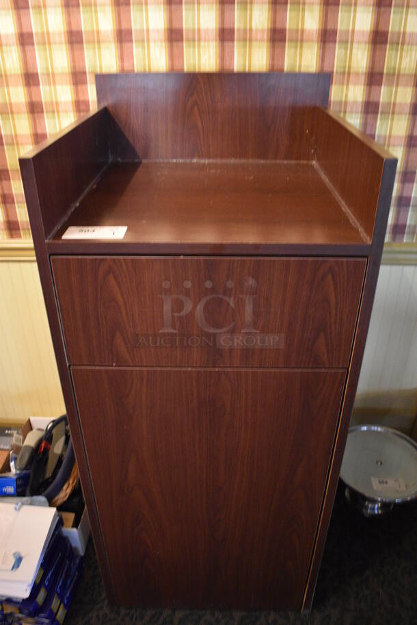 Wood Pattern Trash Can Shell w/ Trash Deposit Flap and Front Door. 22.5x22.5x52. (main dining room)