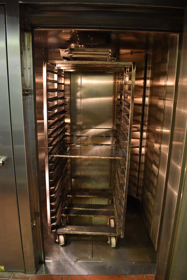 Baxter Stainless Steel Commercial Natural Gas Powered Floor Style Single Door Roll In Rotating Double Rack Oven w/ Attached Hood and 2 Metal Pan Racks. BUYER MUST REMOVE. 208-240 Volt, 3 Phase Controls. 73x97x99.5. Unit Was In Working Condition When Restaurant Closed. (bakery kitchen) - Image 6 of 8