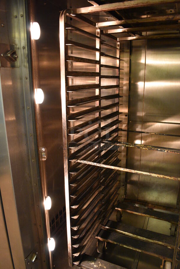 Baxter Stainless Steel Commercial Natural Gas Powered Floor Style Single Door Roll In Rotating Double Rack Oven w/ Attached Hood and 2 Metal Pan Racks. BUYER MUST REMOVE. 208-240 Volt, 3 Phase Controls. 73x97x99.5. Unit Was In Working Condition When Restaurant Closed. (bakery kitchen) - Image 7 of 8