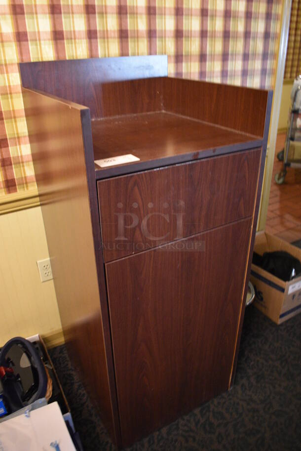 Wood Pattern Trash Can Shell w/ Trash Deposit Flap and Front Door. 22.5x22.5x52. (main dining room) - Image 3 of 4