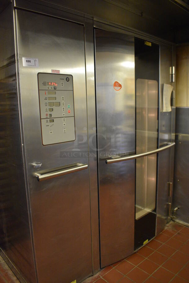 Baxter Stainless Steel Commercial Natural Gas Powered Floor Style Single Door Roll In Rotating Double Rack Oven w/ Attached Hood and 2 Metal Pan Racks. BUYER MUST REMOVE. 208-240 Volt, 3 Phase Controls. 73x97x99.5. Unit Was In Working Condition When Restaurant Closed. (bakery kitchen) - Image 8 of 8