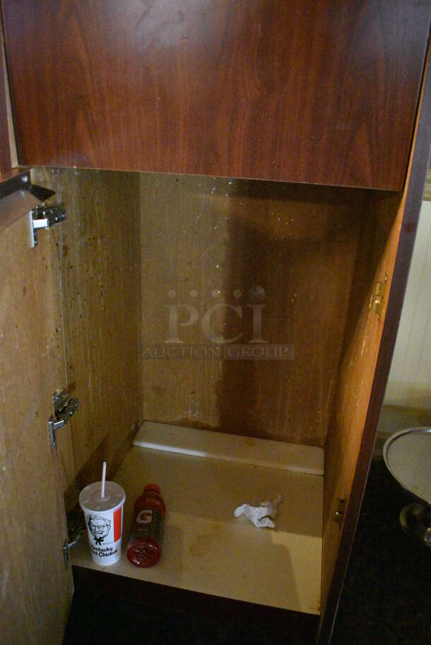Wood Pattern Trash Can Shell w/ Trash Deposit Flap and Front Door. 22.5x22.5x52. (main dining room) - Image 4 of 4