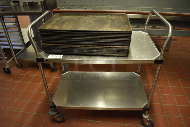 Metal 2 Tier Cart w/ 2 Push Handles and 17 Metal Baking Pans on Commercial Casters. 36x21x39. 26x1735x1.5. (bakery kitchen)