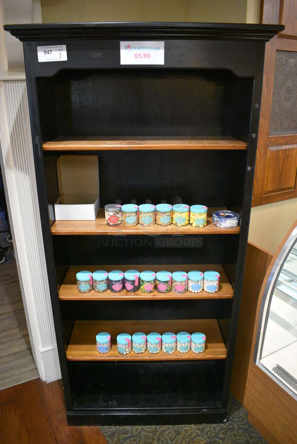 Black Wooden Shelving Unit w/ Contents. 37x15x74. (gift shop)