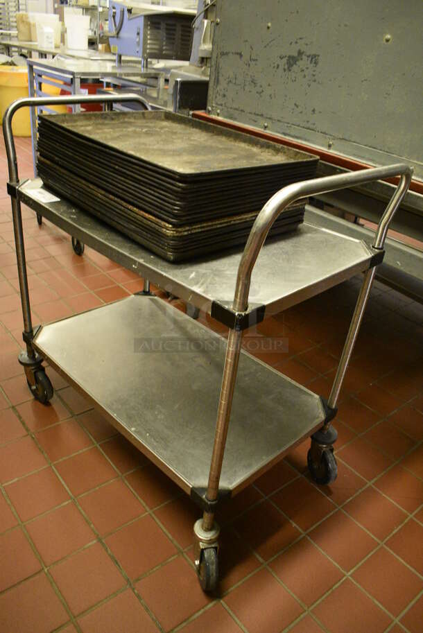 Metal 2 Tier Cart w/ 2 Push Handles and 17 Metal Baking Pans on Commercial Casters. 36x21x39. 26x1735x1.5. (bakery kitchen) - Image 2 of 4