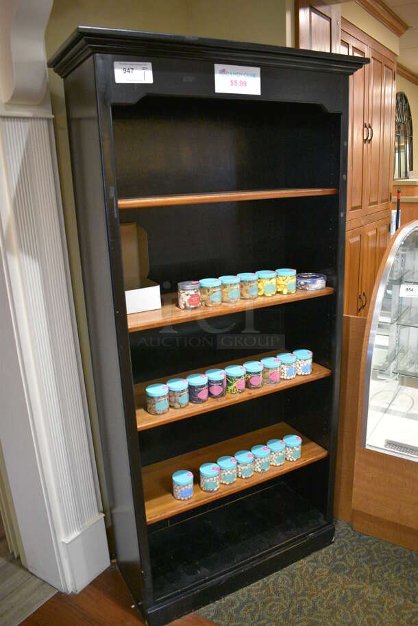 Black Wooden Shelving Unit w/ Contents. 37x15x74. (gift shop) - Image 2 of 7