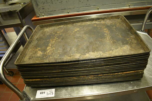 Metal 2 Tier Cart w/ 2 Push Handles and 17 Metal Baking Pans on Commercial Casters. 36x21x39. 26x1735x1.5. (bakery kitchen) - Image 3 of 4