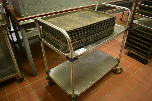 Metal 2 Tier Cart w/ 2 Push Handles and 17 Metal Baking Pans on Commercial Casters. 36x21x39. 26x1735x1.5. (bakery kitchen) - Image 4 of 4