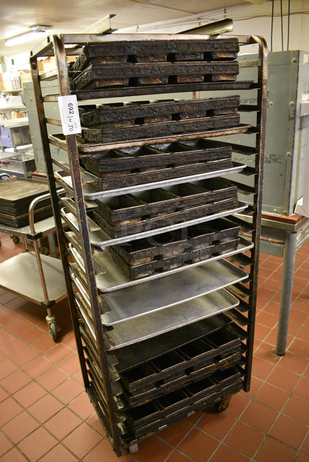 Metal Commercial Pan Transport Rack w/ 30 Various Metal 4 Loaf Baking Pans on Commercial Casters. 28.5x18x69.5. Includes 20x9x2.5. (bakery kitchen) - Image 2 of 4