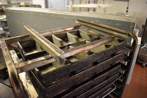 Metal Commercial Pan Transport Rack w/ 30 Various Metal 4 Loaf Baking Pans on Commercial Casters. 28.5x18x69.5. Includes 20x9x2.5. (bakery kitchen) - Image 3 of 4