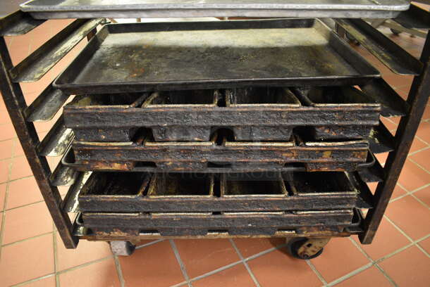 Metal Commercial Pan Transport Rack w/ 30 Various Metal 4 Loaf Baking Pans on Commercial Casters. 28.5x18x69.5. Includes 20x9x2.5. (bakery kitchen) - Image 4 of 4
