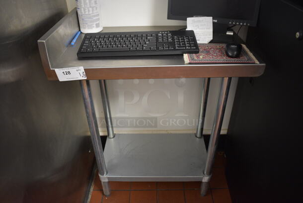 Stainless Steel Commercial Table w/ Back Splash and Under Shelf. Does Not Include Contents. 18x30x38. (kitchen - soda box room)