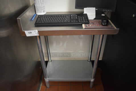 Stainless Steel Commercial Table w/ Back Splash and Under Shelf. Does Not Include Contents. 18x30x38. (kitchen - soda box room)
