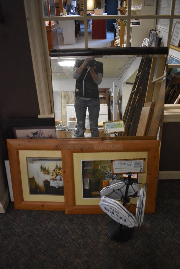 ALL ONE MONEY! Lot of Various Items Including Mirrors, Framed Pictures and Metal Signs. (garden center) - Image 1 of 4