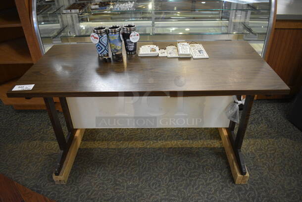 Wood Pattern Table w/ Contents Including Cups and Signs. 54x26x30. (gift shop)
