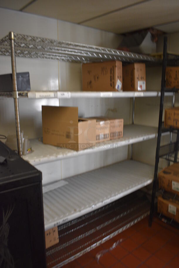 Chrome Finish 5 Tier Shelving Unit. Does Not Include Contents. BUYER MUST DISMANTLE. PCI CANNOT DISMANTLE FOR SHIPPING. PLEASE CONSIDER FREIGHT CHARGES. 72x24x75. (kitchen - soda box room)
