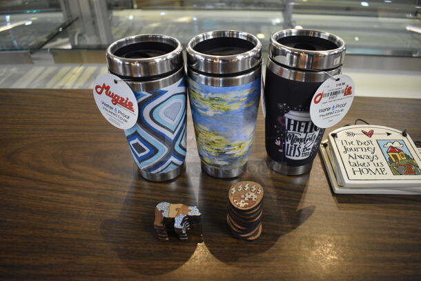 Wood Pattern Table w/ Contents Including Cups and Signs. 54x26x30. (gift shop) - Image 2 of 6
