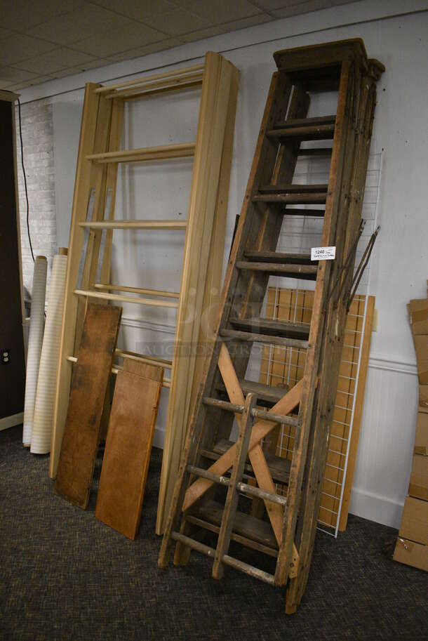 ALL ONE MONEY! Lot of Wooden Ladders and Rolls of Fabric! (garden center)