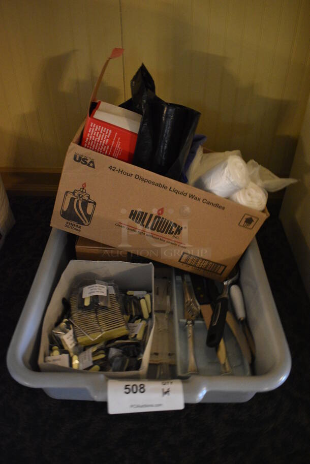 ALL ONE MONEY! Lot of Various Items Including Trash Bags, Utensils and Gray Bus Bin! 22x17x5. (main dining room) - Image 1 of 4