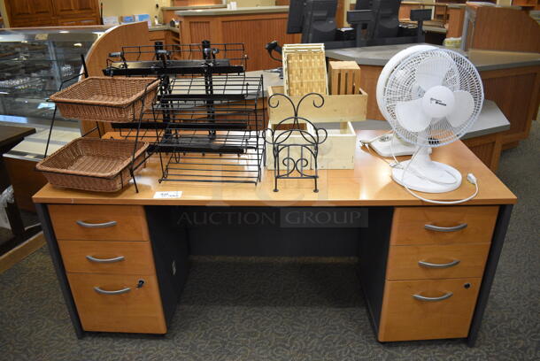 Wood Pattern Desk w/ Contents Including Fan and Baskets. 71x29.5x30. (gift shop) - Image 1 of 4