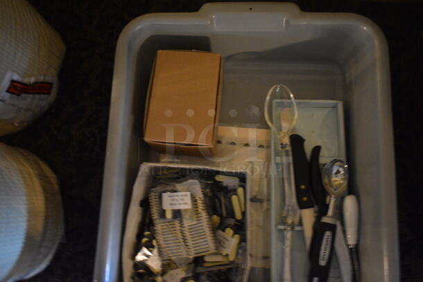 ALL ONE MONEY! Lot of Various Items Including Trash Bags, Utensils and Gray Bus Bin! 22x17x5. (main dining room) - Image 4 of 4