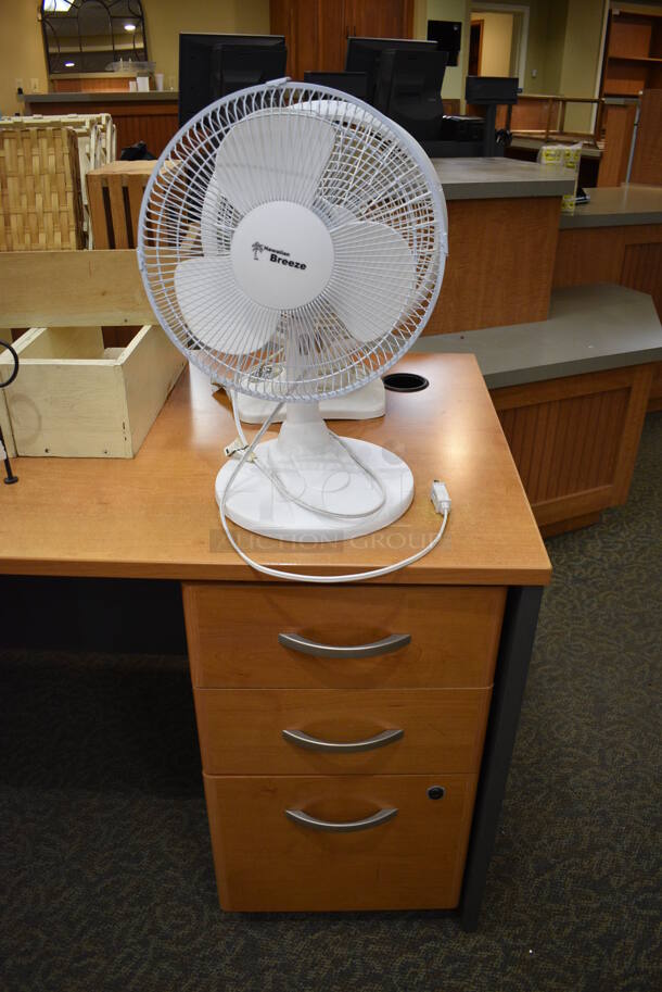 Wood Pattern Desk w/ Contents Including Fan and Baskets. 71x29.5x30. (gift shop) - Image 2 of 4