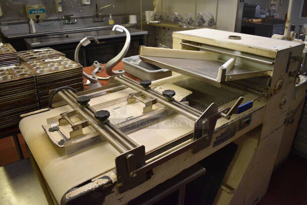 Nussex Model NB-90-2-546 Metal Commercial Floor Style Dough Sheeter on Commercial Casters. 110 Volts, 1 Phase. 60x33x52. Unit Was In Working Condition When Restaurant Closed. (bakery kitchen) - Image 4 of 8