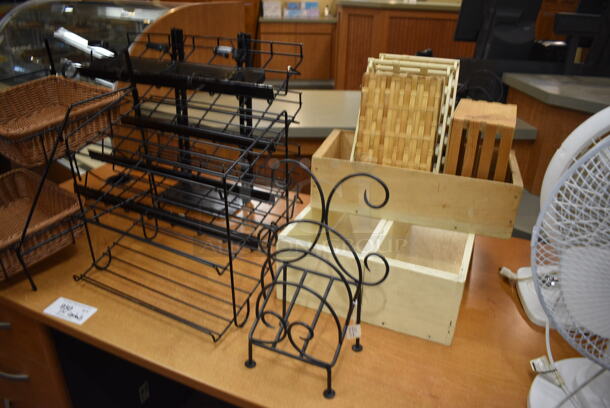Wood Pattern Desk w/ Contents Including Fan and Baskets. 71x29.5x30. (gift shop) - Image 3 of 4