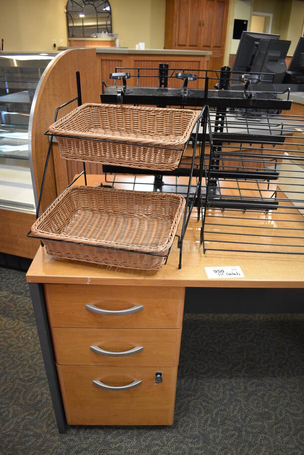 Wood Pattern Desk w/ Contents Including Fan and Baskets. 71x29.5x30. (gift shop) - Image 4 of 4