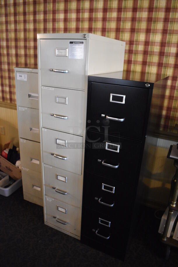 3 Various Metal Filing Cabinets; Black 4 Drawer, Tan 4 Drawer and Tan 5 Drawer. Includes 15x18x52. 3 Times Your Bid! (main dining room) - Image 2 of 6