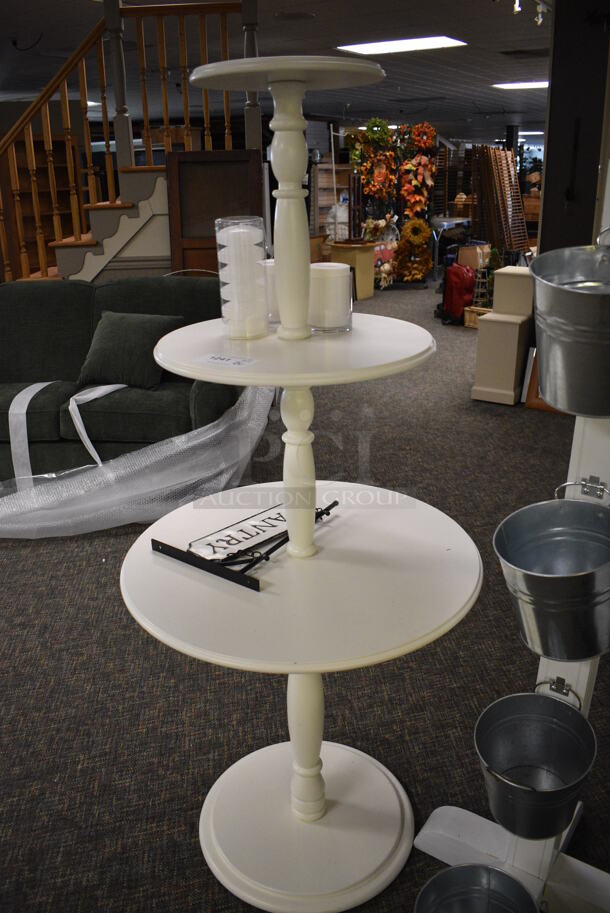 2 Various Stands; White Wooden 2 Tier Round Stand and Stand w/ Metal Buckets. 27x27x61, 19x19x57. 2 Times Your Bid! (garden center) - Image 3 of 3