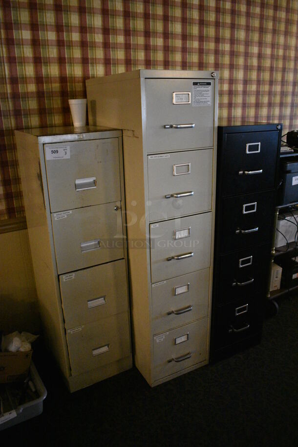 3 Various Metal Filing Cabinets; Black 4 Drawer, Tan 4 Drawer and Tan 5 Drawer. Includes 15x18x52. 3 Times Your Bid! (main dining room) - Image 3 of 6